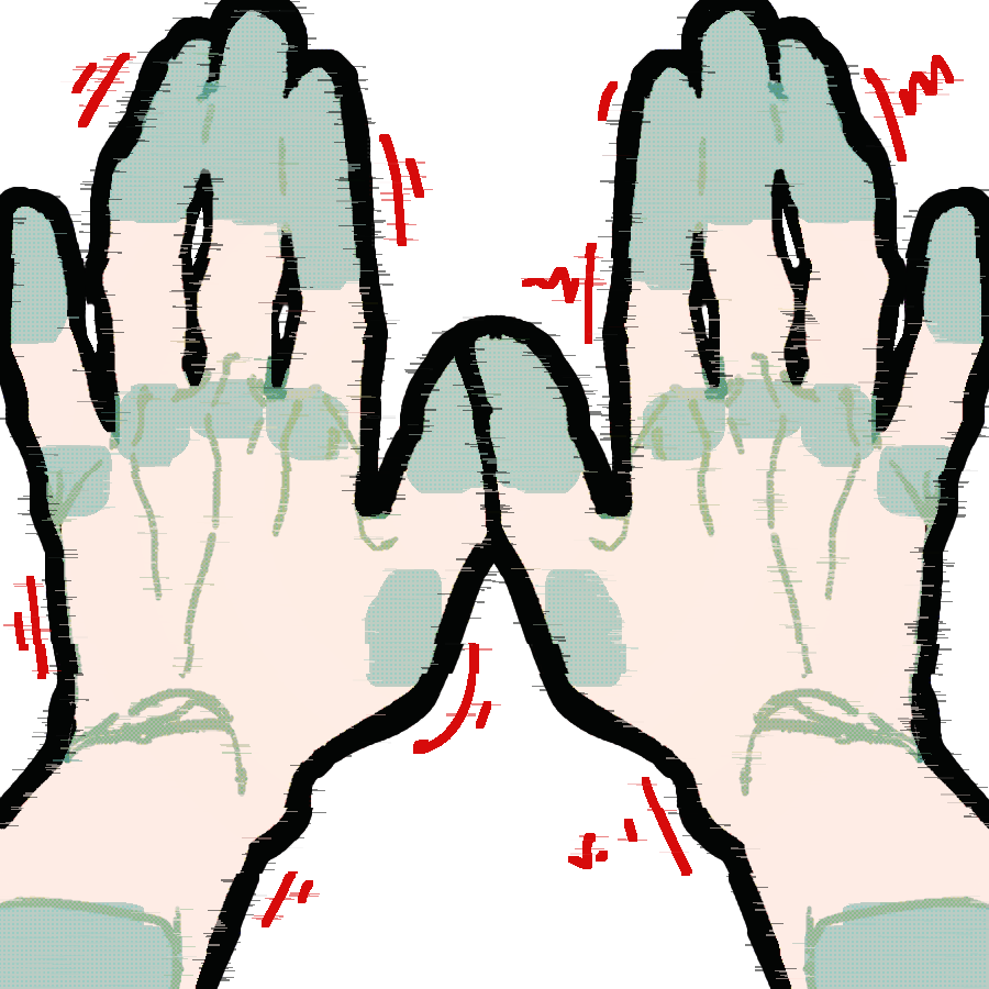 two white hands with red shaky lines around them.